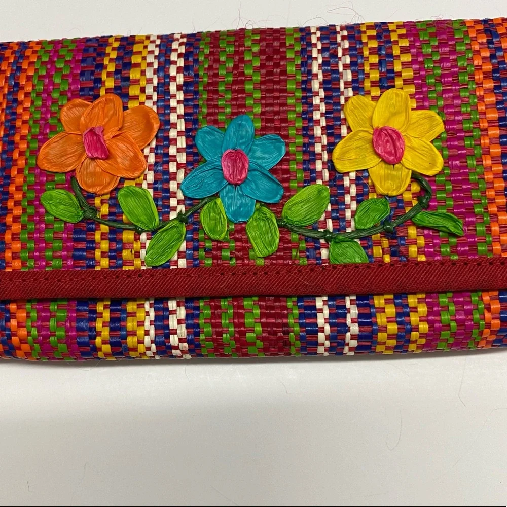 Vintage? Multi Color Woven Striped Clutch Wallet With Floral Design